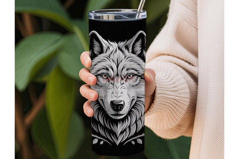 Grayscale Wolf & Roses 20oz Tumbler Wrap Sublimation DesignSVG 