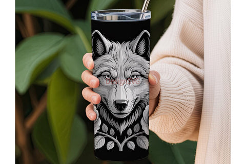 Grayscale Wolf & Roses 20oz Tumbler Wrap Sublimation DesignSVG 