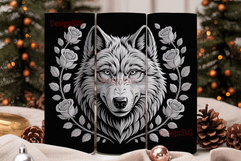 Grayscale Wolf & Roses 20oz Tumbler Wrap Sublimation DesignSVG 