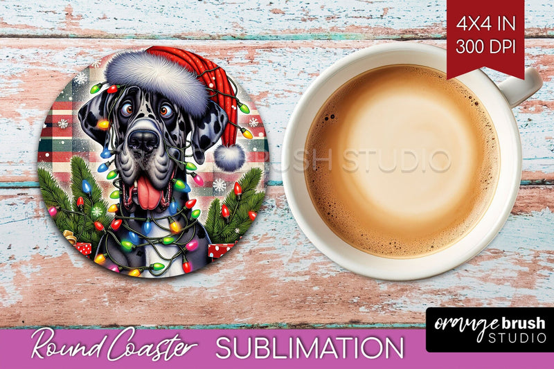 Great Dane Funny Christmas Dog Round Coaster Sublimation OrangeBrushStudio 