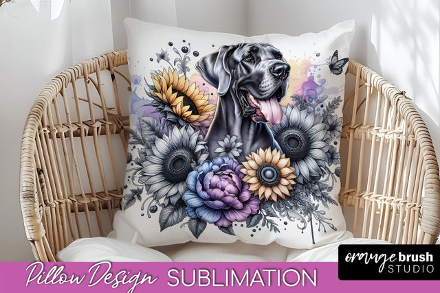 Great Dane Pillow Cover - Dog Mom Floral Pillow Sublimation Sublimation OrangeBrushStudio 