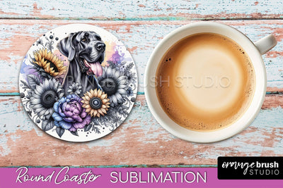 Great Dane Round Coaster - Dog Mom Floral Coaster Sublimation Sublimation OrangeBrushStudio 