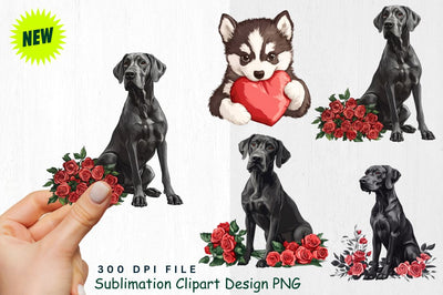 Great Dane with Roses and Heart Decorations Clipart Sublimation Regulrcrative 