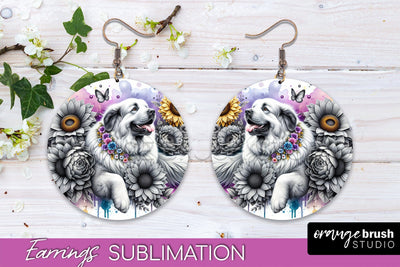 Great Pyrenees Earrings - Dog Mom Floral Round Earring Sublimation Sublimation OrangeBrushStudio 