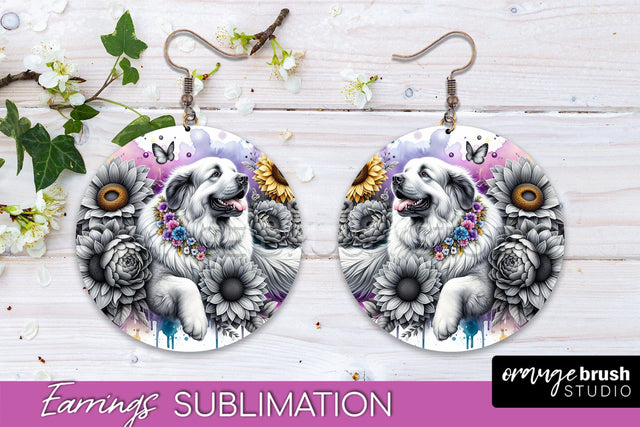 Great Pyrenees Earrings - Dog Mom Floral Round Earring Sublimation Sublimation OrangeBrushStudio 