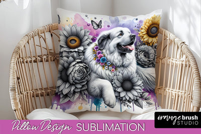 Great Pyrenees Pillow Cover - Dog Mom Floral Pillow Sublimation Sublimation OrangeBrushStudio 
