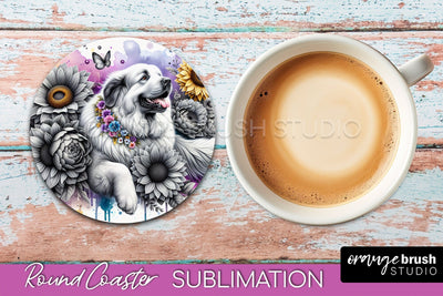 Great Pyrenees Round Coaster - Dog Mom Floral Coaster Sublimation Sublimation OrangeBrushStudio 