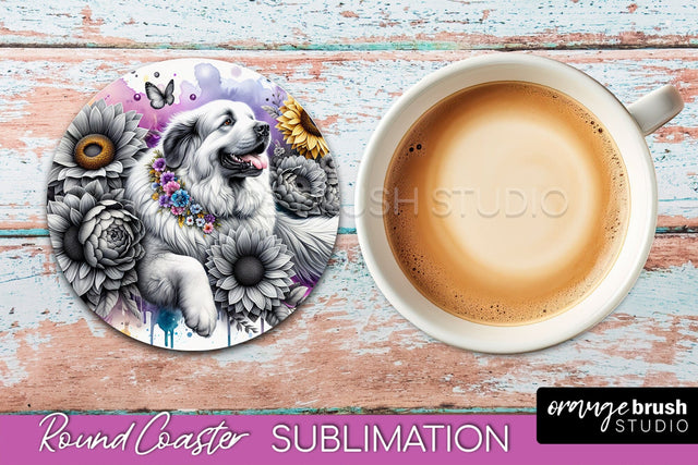 Great Pyrenees Round Coaster - Dog Mom Floral Coaster Sublimation Sublimation OrangeBrushStudio 