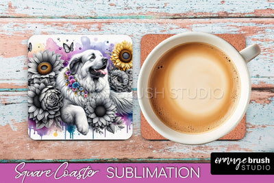 Great Pyrenees Square Coaster - Dog Mom Floral Coaster Sublimation Sublimation OrangeBrushStudio 