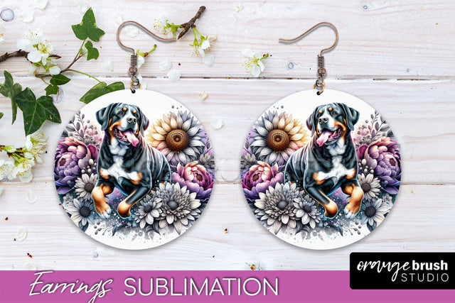 Greater Swiss Mountain Earrings - Dog Mom Floral Round Earring Sublimation Sublimation OrangeBrushStudio 