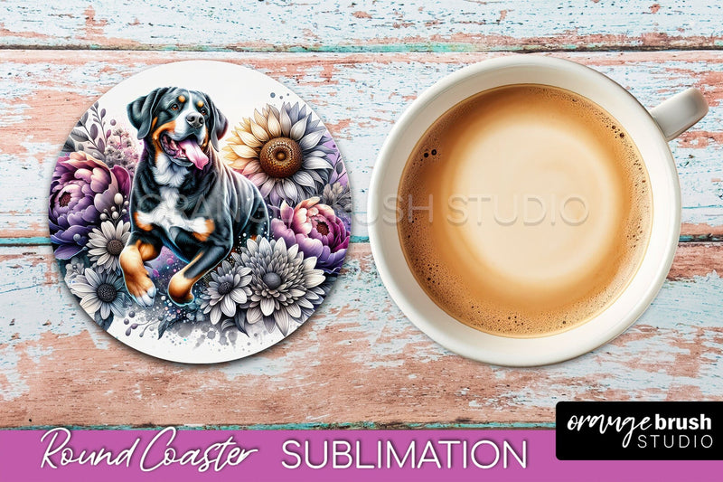 Greater Swiss Mountain Round Coaster - Dog Mom Floral Coaster Sublimation Sublimation OrangeBrushStudio 