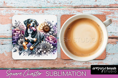 Greater Swiss Mountain Square Coaster - Dog Mom Floral Coaster Sublimation Sublimation OrangeBrushStudio 