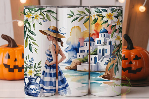 Greece Scenic Watercolor 20oz Tumbler Sublimation PixelChick 