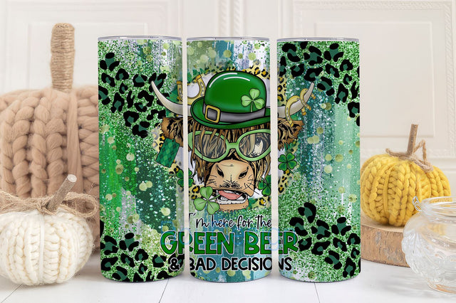 Green Beer St. Patrick's Day Tumbler Wrap PNG, Highland Heifer St Patrick DaySublimation png, Highland Heife 20 oz Skinny Tumbler, Highland Heifer St Patrick Day Sublimation BouDesign 
