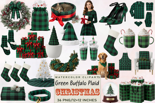 Green Buffalo Plaid Christmas Clipart Bundle. Sublimation SVGArt 