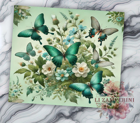 Green Butterfly Floral 20oz Tumbler Wrap, 20oz Sublimation Design, Nature Inspired Drinkware, Unique Gift Idea, Colorful Tumbler Pattern, Butterfly Floral Design Sublimation Li Zamperini 