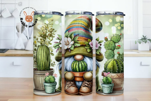 Green Cactus Gnomes 20 oz Skinny Tumbler Sublimation Design, Gnomes Instant Digital Download PNG Sublimation Rabbitmakies 