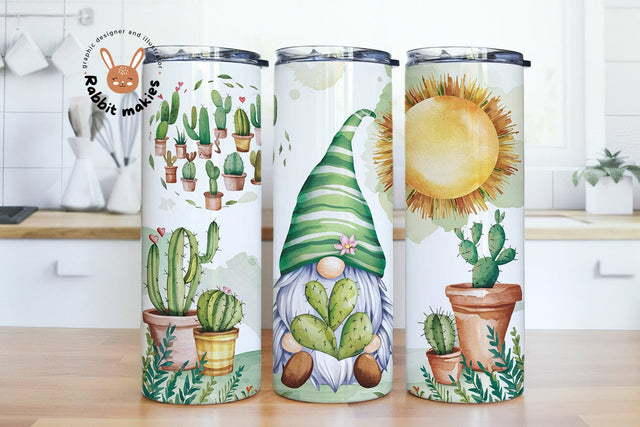 Green Cactus Gnomes 20 oz Skinny Tumbler Sublimation Design, Plant Lover Instant Digital Download PNG Sublimation Rabbitmakies 