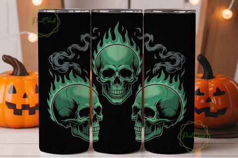 Green Flaming Skull 20oz Tumbler Wrap Sublimation PixelChick 