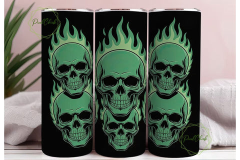 Green Flaming Skull 20oz Tumbler Wrap Sublimation PixelChick 