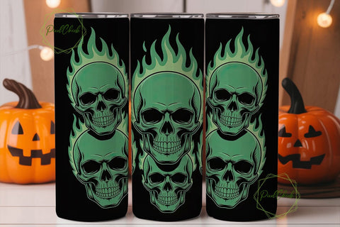 Green Flaming Skull 20oz Tumbler Wrap Sublimation PixelChick 