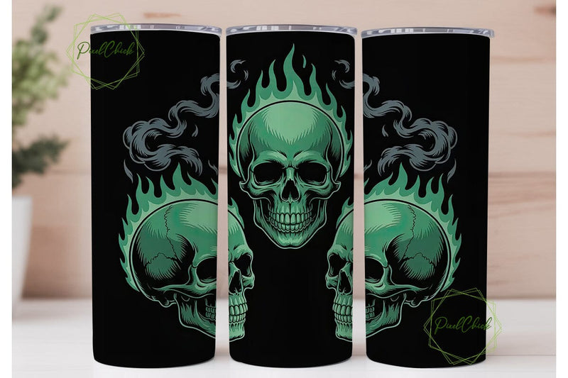 Green Flaming Skull 20oz Tumbler Wrap Sublimation PixelChick 