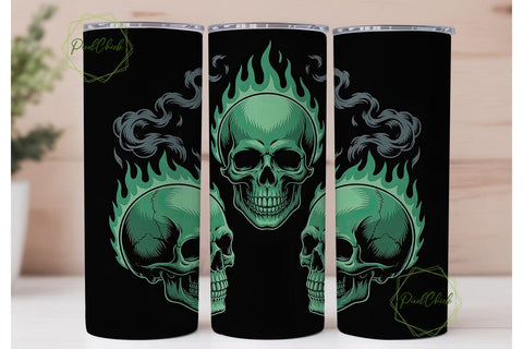 Green Flaming Skull 20oz Tumbler Wrap Sublimation PixelChick 