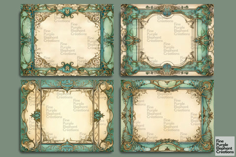 Green Frame Paper Junk Journal Pages Digital Pattern Fine Purple Elephant Creations 