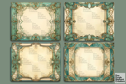 Green Frame Paper Junk Journal Pages Digital Pattern Fine Purple Elephant Creations 