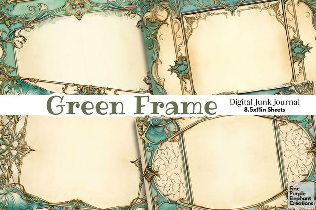 Green Frame Paper Junk Journal Pages Digital Pattern Fine Purple Elephant Creations 