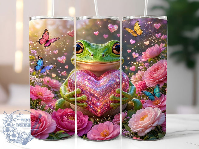 Green Frog Pink Glitter Heart 20oz Tumbler, Green Frog, Pink Glitter, Heart Motif, Sublimation Wrap, 20oz Tumbler, Whimsical Aesthetic, Cute Charm Sublimation ToriDesigns 