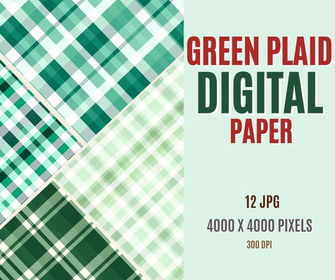 Green Gingham digital paper pack, shades of green plaid digital background, printable gingham digital scrapbook paper Sublimation PrintingLife 