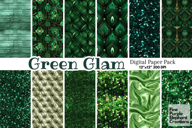 Green Glam Digital Paper | Luxury Glitter Art Deco Digital Pattern Fine Purple Elephant Creations 