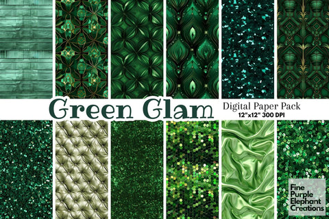 Green Glam Digital Paper | Luxury Glitter Art Deco Digital Pattern Fine Purple Elephant Creations 