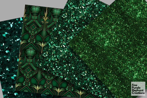 Green Glam Digital Paper | Luxury Glitter Art Deco Digital Pattern Fine Purple Elephant Creations 