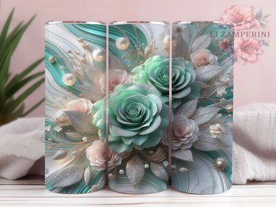Green Glitter Floral Rose Tumbler, Green Glitter, Elegant Wrap, Sublimation Art, 20oz Tumbler, Romantic Theme, Stylish Design Sublimation Li Zamperini 