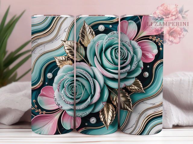 Green Glitter Floral Rose Tumbler, Green Glitter, Elegant Wrap, Sublimation Art, 20oz Tumbler, Romantic Theme, Stylish Design Sublimation Li Zamperini 