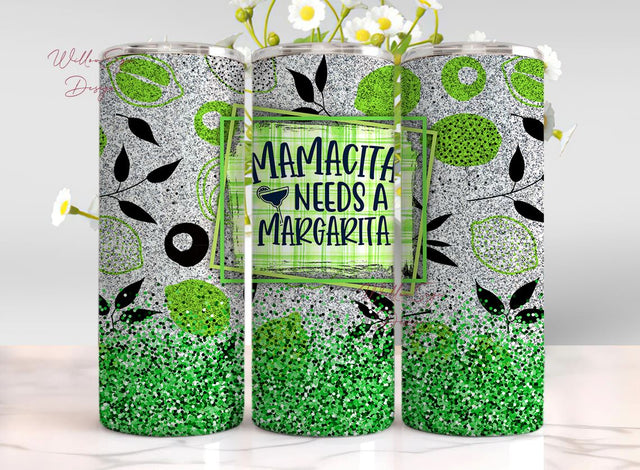 Green Glitter Lime Tumbler Mexican Tumbler Mamacita Needs A Magarita 20oz Skinny Tumbler Sublimation Summer Vibes Gift For Summer Lovers Sublimation WillowSageDesign 