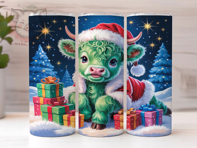 Green Highland Cow Christmas Tumbler, Cute Christmas Cow Wrap, Holiday Farm Animal Sublimation, Festive Cow Cup, 20Oz Skinny Tumbler Wrap, Adorable Christmas Mug, Country Christmas Design Sublimation Lara' s Designs 