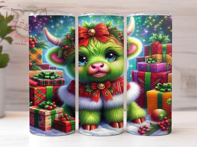 Green Highland Cow Christmas Tumbler, Cute Christmas Cow Wrap, Holiday Farm Animal Sublimation, Festive Cow Cup, 20Oz Skinny Tumbler Wrap, Adorable Christmas Mug, Country Christmas Design Sublimation Lara' s Designs 