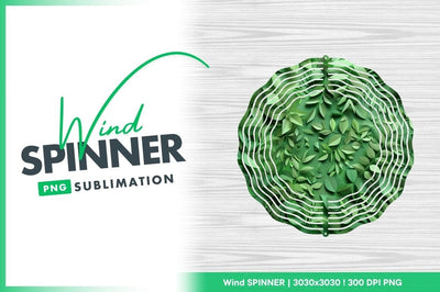 Green Leaf Wind Spinner Round Png Design on White Wood Background Sublimation Regulrcrative 