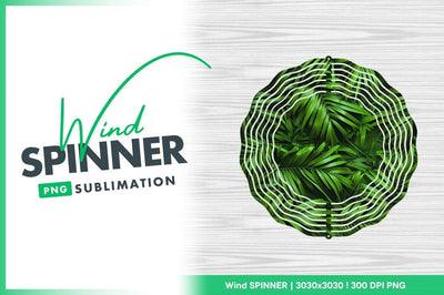 Green Leafy Wind Spinner Round Png Design with White Text on Wood Grain Background Sublimation Regulrcrative 