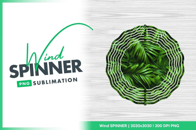 Green Leafy Wind Spinner Round Png Design with White Text on Wood Grain Background Sublimation Regulrcrative 