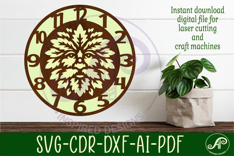 Green man Face clock wall clock laser cut file SVG APInspireddesigns 