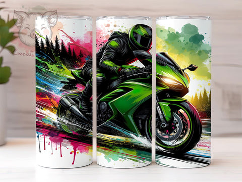 Green Motorcycle Watercolor 20oz Tumbler Png, Straight & Tapered Tumbler Png, Motorcycle Tumbler Png, Digital Download PNG Sublimation Lara' s Designs 