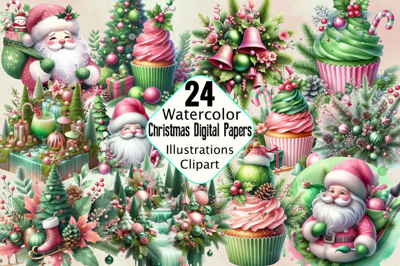 Green Pink Christmas Digital Papers Sublimation Clipart Bundle Sublimation SVGArt 