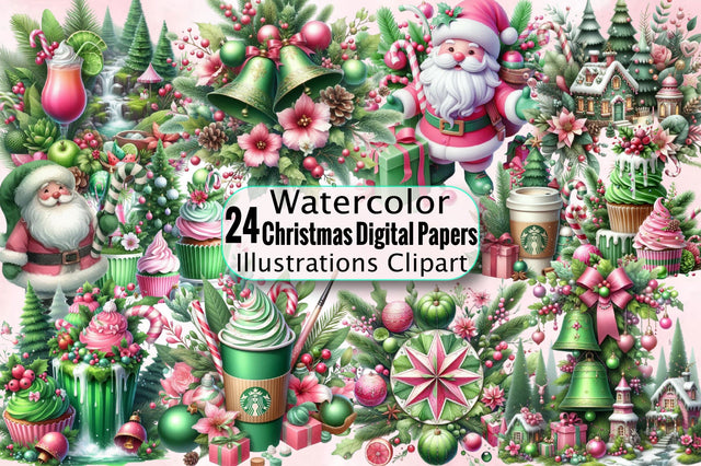 Green Pink Christmas Digital Papers Sublimation Clipart Bundle Sublimation SVGArt 