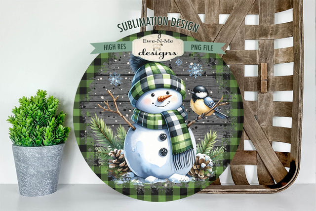 Green Plaid Snowman with Bird | Round Sublimation Design PNG Sublimation Ewe-N-Me Designs 