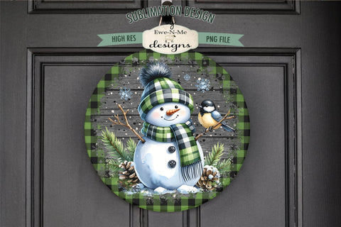 Green Plaid Snowman with Bird | Round Sublimation Design PNG Sublimation Ewe-N-Me Designs 