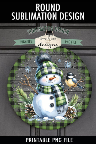 Green Plaid Snowman with Bird | Round Sublimation Design PNG Sublimation Ewe-N-Me Designs 